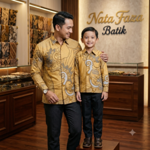 SOFT CREAM BUTTER YELLOW Batik Couple Ayah Anak Serat Dobby Premium Motif Parang Ukel Klasik Lengan Panjang Kemeja Batik Keluarga Kondangan